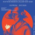 Alšova jihočeská galerie: plakát expozice Meziprůzkumy s digitální kresbou Filipa Hausera podle obrazu Jana Kojana, Dáma s leknínem (Portrét choti), 1925, grafická úprava Lukáš Kijonka a Michal Krůl; archiv AJG.