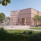 Alšova jihočeská galerie: vizualizace exteriéru nové budovy AJG na Senovážném náměstí z návrhu ateliéru Marek Chalupa architekti; podle webové stránky AJG.