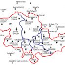 Církevní správa: mapka farností vikariátu České Budějovice – město I. České Budějovice – sv. Mikuláš; II. Dobrá Voda u Českých Budějovic; III. České Budějovice; IV. České Budějovice – sv. Jan Nepomucký; V. České Budějovice – Suché Vrbné; podle M. Novotného.