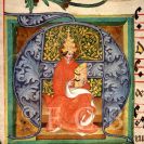 Graduál českobudějovický: svatý Řehoř, fol. 1, 1410—1420; ze sbírek Jihočeského muzea v Českých Budějovicích.