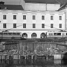 Jirsíkova ulice: dokončená přestavba divadla, počátek regulace Malše v roce 1957; sbírka J. Dvořáka; SOkA. 