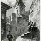 Kašny: městská kašna pro odběr vody ve Kněžské ulici, v pozadí hradební věž Manda, 1875, sbírka J. Dvořáka; SOkA.