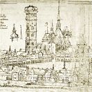Kostel svatého Mikuláše: stav po pozdně gotické přestavbě z 1518—1535, výřez z veduty Jana Willenberga z 1602; ze sbírek Královské kanonie premonstrátů na Strahově.