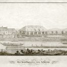 Lannova loděnice: stavba lodí v Lannově loděnici na litografii Jiřího Zorna z poloviny 19. století; SOkA.