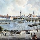 Lannové: ruční vodní bagr na Vltavě u Dlouhého mostu, V. B. Juhn 1822; ze sbírek Jihočeského muzea v Českých Budějovicích.