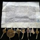 Městská správa: Václav Klaric se ujímá úřadu rychtáře v Českých Budějovicích, 1388; SOkA.