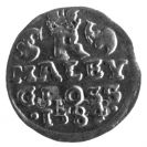 Ražba mincí: malý groš Rudolfa II. z 1584, správce K. Schönfeldt; ze sbírek Jihočeského muzea v Českých Budějovicích.