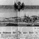 Rybářská brána: panoramatický pohled na město s opevněním na výučním listě Jana Adamce z cechu řezníků z 1805; SOkA.