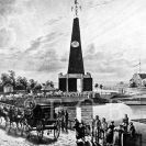 Slavnosti: triumfální brána u Dlouhého mostu při slavnostním odjezdu císaře Ferdinanda V. dne 6. 9. 1835 na litografii F. Wolfa podle předlohy E. Gurka; SOkA.