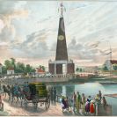 Slavnosti: triumfální brána u Dlouhého mostu při slavnostním odjezdu císaře Ferdinanda V. dne 6. 9. 1835 na litografii F. Wolfa podle předlohy  E.Gurka; SOkA.
