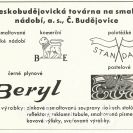 Smaltovny: reklamní inzerát První českobudějovické továrny na smaltované nádobí, a. s., České Budějovice; podle Jihočeská technická práce 1938.