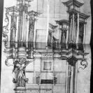Varhanářství: nerealizovaný návrh prospektu varhan Jiřího Dvorského asi z 1726—1727 pro kostel svatého Mikuláše; SOkA.