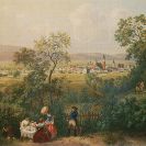 Veduty: August C. Haun, České Budějovice od východu na kolorované litografii z 1864, v pravé části stromořadí podél staré silnice na Třeboň (dnešní Rudolfovská třída); podle Kovář, Fundatio civitatis, 2015.