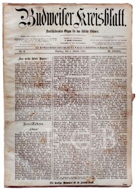 Budweiser Kreisblatt: titulní strana z roku 1890; SOkA.
