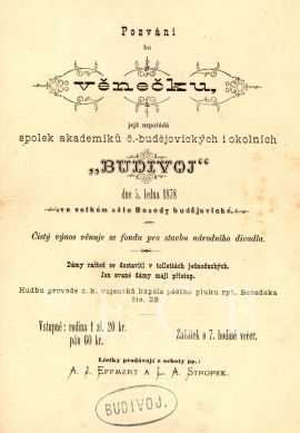 Budivoj: pozvánka na schůzku spolku; ze sbírek Jihočeského muzea v Českých Budějovicích.