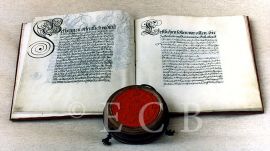 Cechy: slavnostní privilegium Ferdinanda III. ze 30. března 1648, jímž potvrzuje výsady českobudějovického cechu mydlářů a svíčkařů; SOkA.