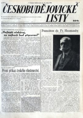 Českobudějovické listy: titulní strana ze dne 16. ledna 1939; SOkA.