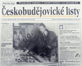 Českobudějovické listy: záhlaví prvního čísla českobudějovické okresní mutace obnovených Jihočeských listů z 14. 12. 1992; SOkA.