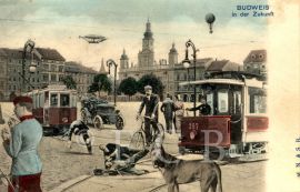 Městská hromadná doprava: fantastická představa o městské dopravě na kolorované pohlednici ze začátku 20. století; sbírka J. Dvořáka.