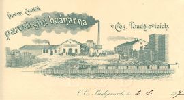Dřevozpracující průmysl: veduta z hlavičkového papíru První české parostrojní bednárny založené 1891 v Kněžských Dvorech, 1897; SOkA.
