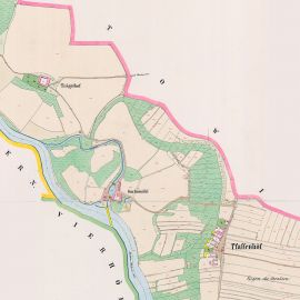 Dvory: Pfaffenhöf (Kněžské Dvory), Suchomel a Trägerův dvůr na císařském otisku mapy stabilního katastru z roku 1827; Ústřední archiv zeměměřictví a katastru.