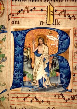 Graduál českobudějovický: Zmrtvýchvstání Krista, fol. 27b, 1410 —1420; ze sbírek Jihočeského muzea v Českých Budějovicích.