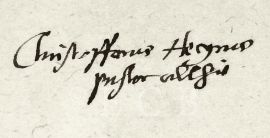 Hecyrus Kryštof: vlastnoruční podpis Kryštofa Hecyra z nedatovaného listu z 90. let 16. století; SOkA. 
