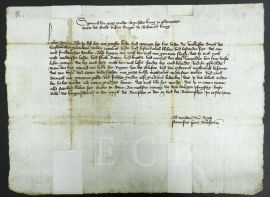 Husitská revoluce: list z května 1421, ve kterém Zikmund Lucemburský, král český, píše purkmistru a radě města Budějovic, aby se ve válkách s husity spravovali hejtmanem Lipoltem Krajířem z Krajku a slibuje jim, že se za jejich věrnost odvděčí; SOkA.