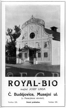 Kina: reklama kina Royal; podle České Budějovice 1928.
