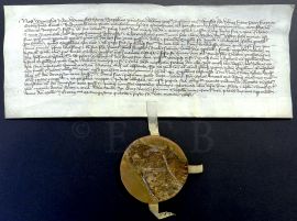 Kaple sv. Jakuba: listina z 15. června 1384 o přiznání renty ve výši půl kopy grošů pražských z domu řezníka Wolfa v České ulici ve prospěch hřbitovní kaple sv. Jakuba; SOkA.