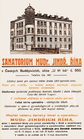 Lékaři: reklama sanatoria J. Říhy; podle České Budějovice 1928.