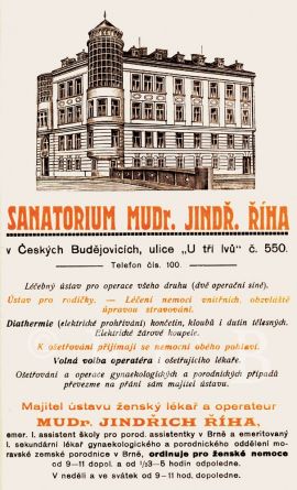 Lékaři: reklama sanatoria J. Říhy; podle České Budějovice 1928.