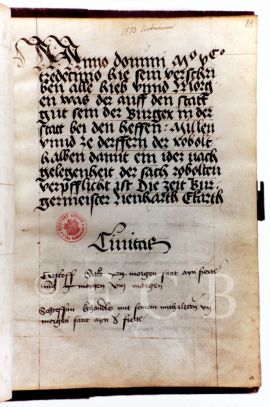 Městský velkostatek: titulní strana městského urbáře, 1513; SOkA.