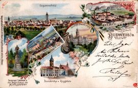 Pohlednice: kolorovaná pohlednice Českých Budějovic a okolí, konec 19. století; ze sbírek Jihočeského muzea v Českých Budějovicích.