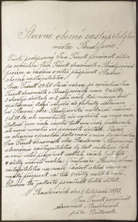 Pohodný: žádost z 1. 11. 1893 o příspěvek na zaopatření dětí, pozůstalých po zemřelém budějovickém drnomistrovi Janu Turkovi; SOkA.