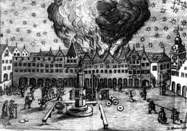 Požáry: oheň na jižní straně náměstí Přemysla Otakara II. na dřevorytu Daniela Wussina z 1653; ze sbírek Jihočeského muzea v Českých Budějovicích.