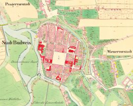 Předměstí: Pražské předměstí a Vídeňské předměstí na císařském otisku mapy stabilního katastru z 1827; Ústřední archiv zeměměřictví a katastru.