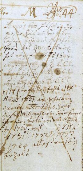 Preiss Matouš Jan: zápis o přijetí malíře Jana Matouše Preisse do budějovického velkého cechu v roce 1690 a o úhradách předepsaných cechovních tax; SOkA.