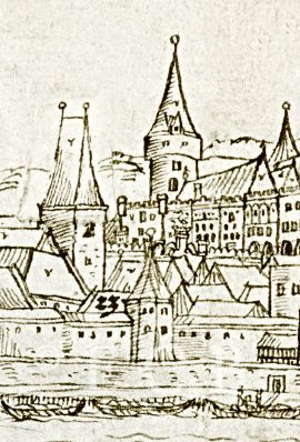 Rauscher: válcová hradební věž, výřez z Willenbergovy veduty z roku 1602, na obrázku věž vpravo; ze sbírek Královské kanonie premonstrátů na Strahově.