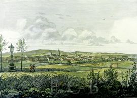 U Křížku: pohled na České Budějovice z výšiny U Křížku, kolorovaná litografie od Jana Kouly z druhé poloviny 19. století; SOkA.