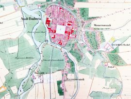 Urbanistický vývoj: České Budějovice na císařském otisku stabilního katastru z 1827; Ústřední archiv zeměměřictví a katastru.