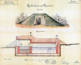 Vodní zdroje: návrh vodojemu pro prameniště u Nedabyle, 2. polovina 19. století; archiv J. Lipold.
