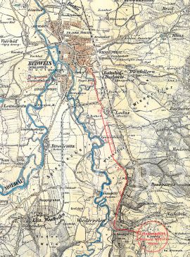 Vodovody a vodojemy: mapa vodovodu pitné vody z prameniště u Nedabyle, 1882; archiv J. Lipold.