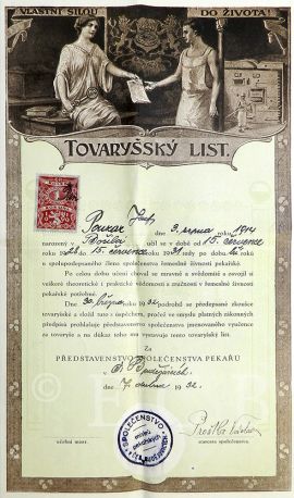 Živnostenská společenstva: Tovaryšský list, vydaný Společenstvem mistrů pekařských v Českých Budějovicích dne 7. Dubna 1932 Josefu Pouzarovi z Bošilce; SOkA.