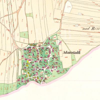 Adamov: na císařském otisku stabilního katastru z 1827; Ústřední archiv zeměměřictví a katastru.