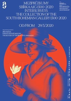 Alšova jihočeská galerie: plakát expozice Meziprůzkumy s digitální kresbou Filipa Hausera podle obrazu Jana Kojana, Dáma s leknínem (Portrét choti), 1925, grafická úprava Lukáš Kijonka a Michal Krůl; archiv AJG.