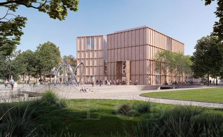 Alšova jihočeská galerie: vizualizace exteriéru nové budovy AJG na Senovážném náměstí z návrhu ateliéru Marek Chalupa architekti; podle webové stránky AJG.