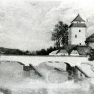 Železný most: původní dřevěný most postavený pro potřebu koněspřežní železnice, byl zničen povodní v roce 1888; sbírka J. Dvořáka; SOkA.